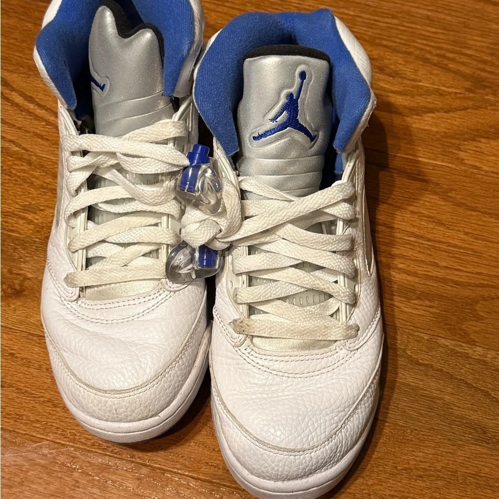 Jordan White and Blue Retro 5 Sneakers